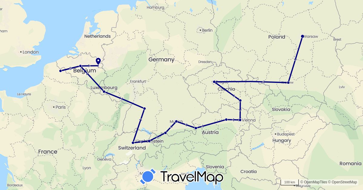 TravelMap itinerary: driving in Austria, Belgium, Switzerland, Czech Republic, Germany, France, Liechtenstein, Luxembourg, Netherlands, Poland (Europe)